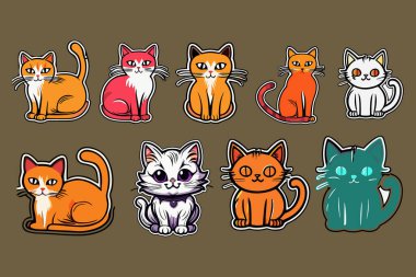 Şirin Komik Kedi Etiketleri Çizimi ve Kawaii Dijital Clipart