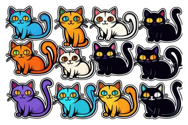 Şirin Komik Kedi Etiketleri Çizimi ve Kawaii Dijital Clipart
