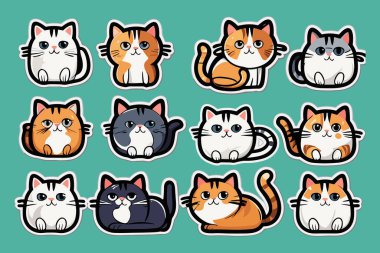Şirin Komik Kedi Etiketleri Çizimi ve Kawaii Dijital Clipart