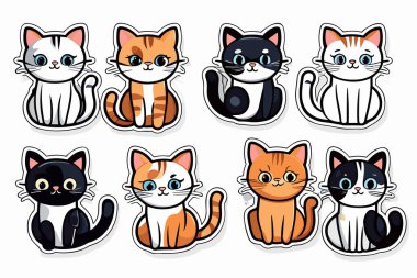 Şirin Komik Kedi Etiketleri Çizimi ve Kawaii Dijital Clipart