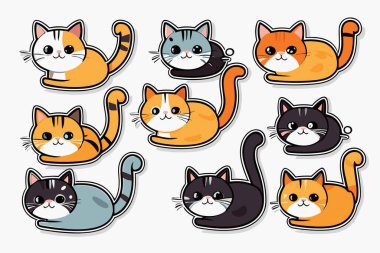 Şirin Komik Kedi Etiketleri Çizimi ve Kawaii Dijital Clipart