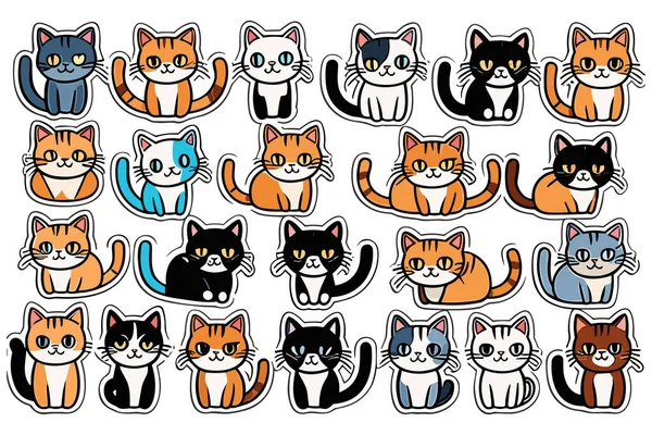 Şirin Komik Kedi Etiketleri Çizimi ve Kawaii Dijital Clipart