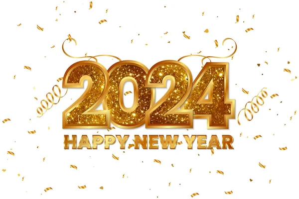 Golden 2024 Gelukkig Nieuwjaar Belettering Typografie Met Goud Confetti Achtergrond Vectorbeelden