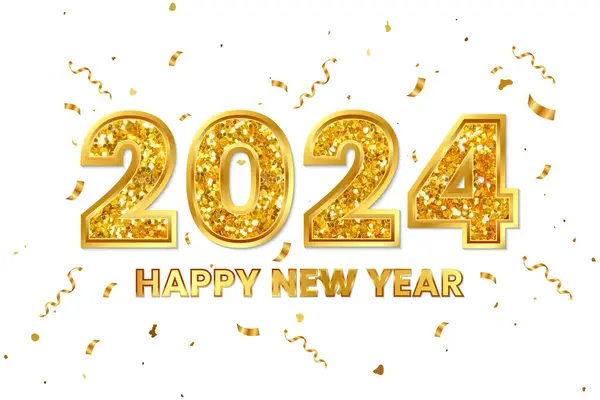 Golden 2024 Gelukkig Nieuwjaar Belettering Typografie Met Goud Confetti Achtergrond Rechtenvrije Stockillustraties