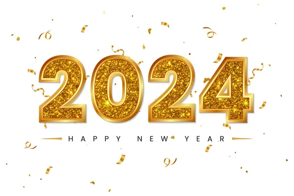 Golden Happy Nieuwjaar 2024 Belettering Met Gouden Confetti Achtergrond Stockvector