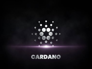 Cardano ADA kripto para birimi gümüş logosu koyu arka planda izole edilmiş, Defi 'nin blok zinciri finans illüstrasyonu.