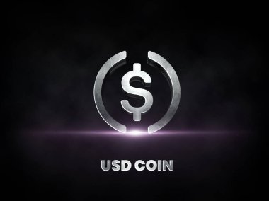 USDC 'nin USDC kripto para birimi gümüş logosu koyu arka planda izole edilmiş, Defi' nin blok zinciri finans illüstrasyonu.