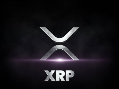  XRP şifreleme madeni para gümüş logosu koyu arkaplanda izole edilmiş, Defi 'nin blok zincir finans illüstrasyonu.
