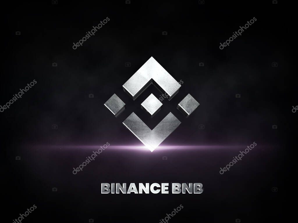 Binance Coin BNB cryptocurrency coin silver logo isolated on dark background, Defi's block chain finance illustration.