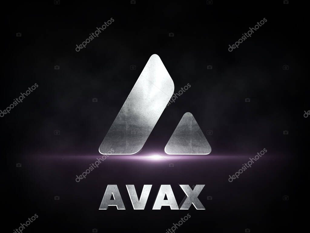 Avalanche AVAX cryptocurrency coin silver logo isolated on dark background, Defi's block chain finance illustration.