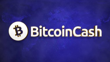 Cryptocurrency coin logo on world map on blue background, Decentralized futuristic blockchain finance illustration, cryptocurrency global investment and trade concept. 