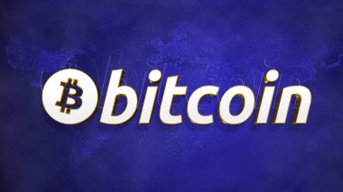 Bitcoin BTC Cryptocurrency coin logo on world map on blue background, Decentralized futuristic blockchain finance illustration, cryptocurrency global investment and trade concept. 
