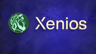 XENIOS cryptocurrency coin logo and symbol isolated on world map on blue background, Decentralized blockchain finance illustration banner background crypto currency.