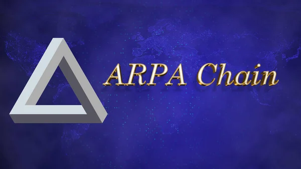 Arpa Chain Cryptocurrency coin logo on world map on blue background, Decentralized futuristic blockchain finance illustration, cryptocurrency global investment and trade concept.