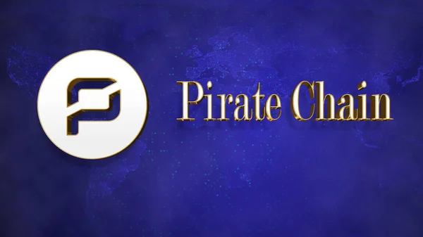 Pirate Chain cryptocurrency coin logo and symbol isolated on world map on blue background, Decentralized blockchain finance illustration banner background crypto currency.