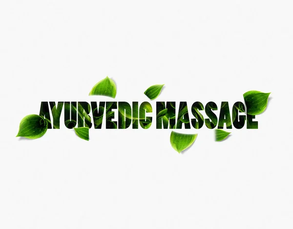 Ayurvedic Massage Typography word with green leaf effects, Infographics with linear icons on white background. Isolated typography