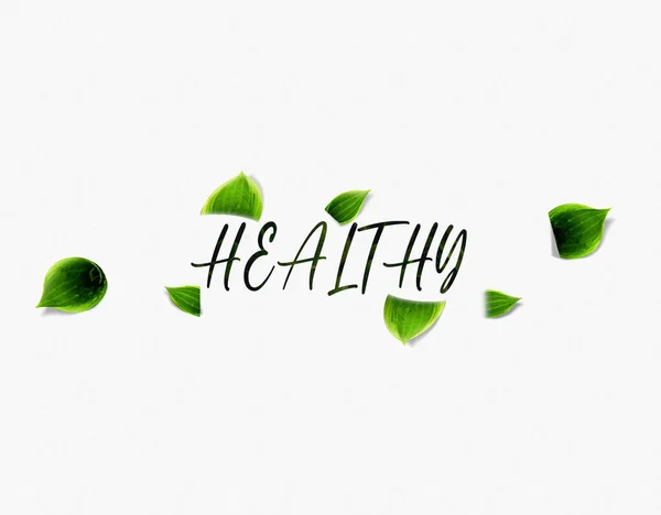 Healthy Typography word with green leaf effects, Infographics with linear icons on white background. Isolated typography