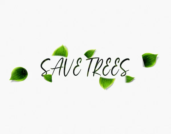 Save Trees Typography word with green leaf effects, Infographics with linear icons on white background. Isolated typography