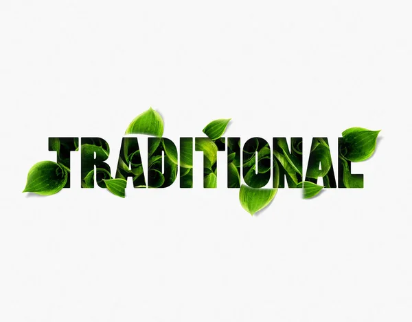 Traditional Typography word with green leaf effects, Infographics with linear icons on white background. Isolated typography