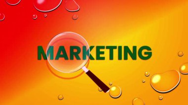 Typography word MARKETING creative animated motion graphic design with magnifying glass zooming effect on gradient background.