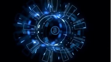 Bitcoin BTC Cryptocurrency coin isolated dark background concept animated motion graphic design, futuristic decentralized blockchain finance concept animated video, cryptocurrency trade and investment.