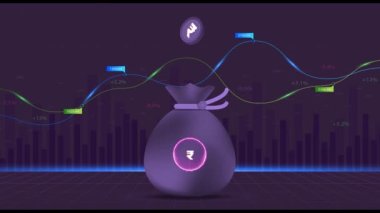 Rupee - Indian currency symbol isolated on money bag on graph background concept animated motion graphic design, futuristic decentralized blockchain finance concept animated video, cryptocurrency trade and investment.
