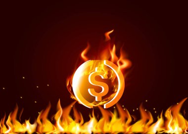 USD Coin USDC Cryptocurrency coin on fire concept illustration, Futuristic decentralized blockchain finance illustration, Crypto currency trade and investment.