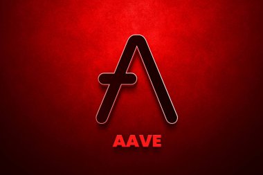 Aave AAVE  Cryptocurrency coin and symbol on red background, Decentralized blockchain finance illustration.
