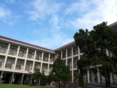 Yogyakarta, Indonesia. February 14, 2016. Beautiful and green gadjah mada university building with clear blue sky and clouds background