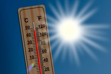 47 derece santigrat derece sıcaklık gösteren ahşap bir termometreyle çizim, çok sıcak.