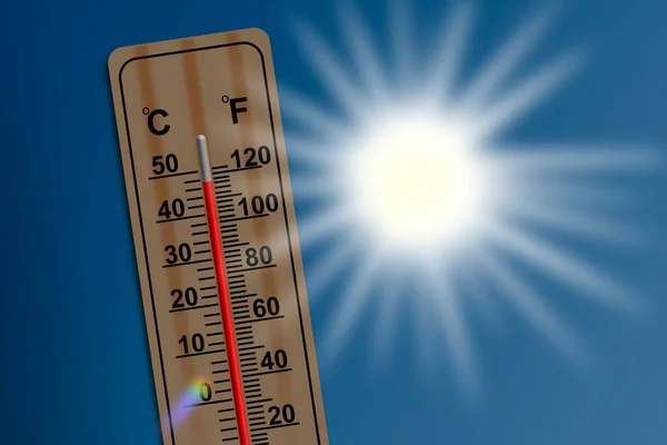 Illusztráció Hőmérővel Amely Fokos Celciusz Hőmérsékletet Mutat Nagyon Forró — Stock Fotó