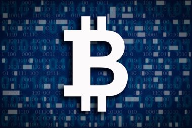 Bitcoin şifreleme engelleme teknolojisi konsepti illüstrasyonu, mavi arka planda ikili haneli BTC para birimi sembolü