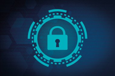 Web güvenlik illüstrasyonu, veri güvenliği için kilit deliğiyle birlikte asma kilit. Siber veriler ve bilgi gizliliği. Gelecekteki teknoloji güvenliği, ağ koruması ve dijital güvenlik