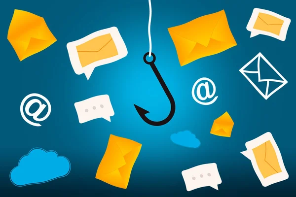 Bir kanca ve mavi arka planda teknolojiyle ilgili bazı sembollerle tehlike ve internet güvenliğini yanıltma görüntüsü
