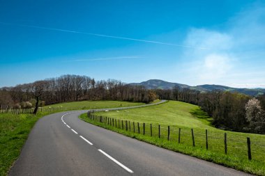 Bask Bölgesi 'nde Villefranque ve Hasparren yolu. Güzel bir manzarası ve mavi gökyüzü gününde yeşil otlakları var.