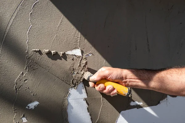 Worker Putting Cement Wall Plaster — Stock Photo, Image