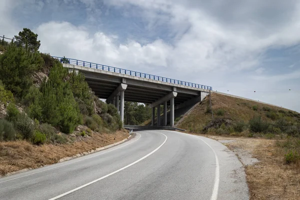 stock image Road with a curve with a bridge over it on a cloudy sky day