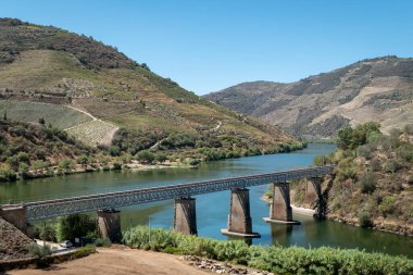 Etrafı dağlarla çevrili, Portekiz 'in Foz Tua kentindeki Douro Nehri boyunca tren hattı olan bir köprü.