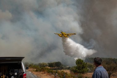 Uçaklar yangınla mücadele ederken yolda bazı insanlar itfaiyecilere yardım ediyor ve tepelerden dumanlar yükseliyor.