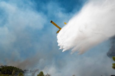 İtfaiye uçakları alevlerin üzerine su boşaltıyor ve havada çok fazla duman bırakıyor.
