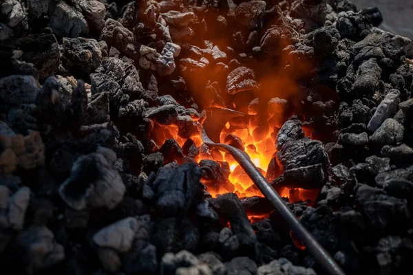 Medieval Furnace Burning Coal Iron Being Heated Heating Can Worked — Stock Photo, Image