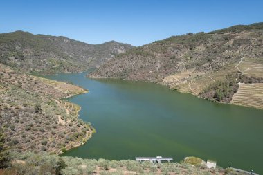 Dağlarla çevrili Tua nehrinin panoramik manzarası ve Sao Mamede, Alijo, Portekiz 'deki nehir rıhtımı.