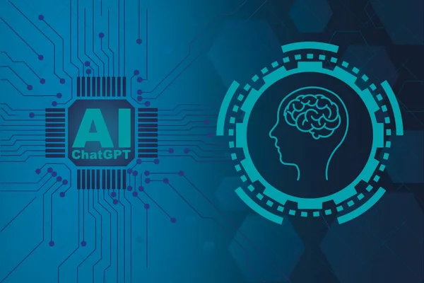 ChatGPT and Artificial intelligence futuristic background with glowing brain and chip. Modern artificial intelligence conversation platform backdrop