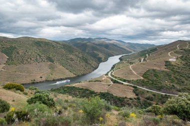 Tepeler ve dağlar arasında Douro nehri ve küçük Coa nehri Portekiz 'deki Coa vadisinde bulutlu bir günde