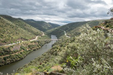 Portekiz 'in Tras os Montes şehrindeki Coa Vadisi' ndeki Coa Nehri üzerinde tepeler ve dağlar arasında bir köprü.