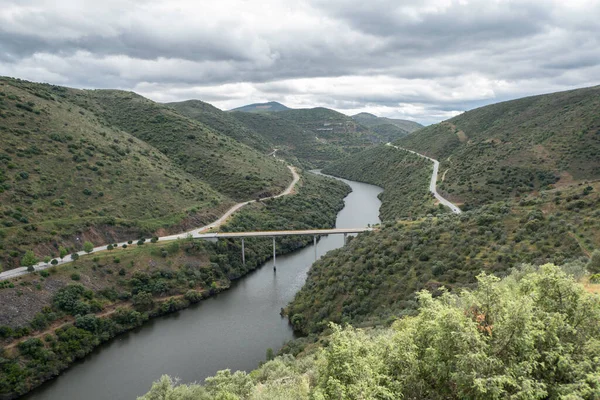 Entre Colinas Montanhas Uma Ponte Sobre Rio Côa Vale Côa — Fotografia de Stock