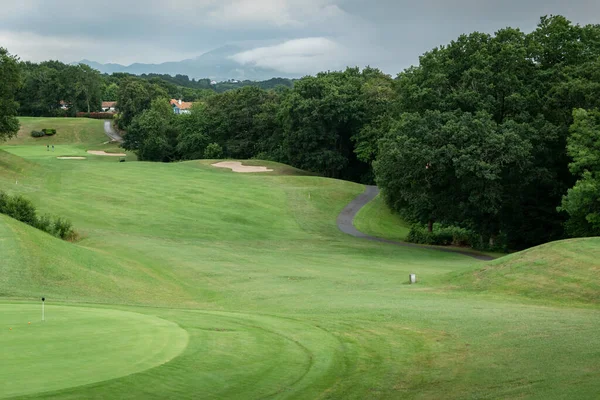 Groene Grazige Golfbaan Met Wat Bomen Achtergrond Een Zeer Bewolkte — Stockfoto