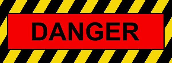 Иллюстрация предупреждающего знака с черно-желтыми полосками и слова Опасность на красном фоне
