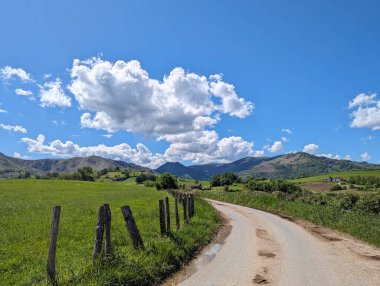 Dağ yolu yeşil tarlalarda çiftliklerle ve güneşli bir bahar gününde ahşap çitlerle çevrili.