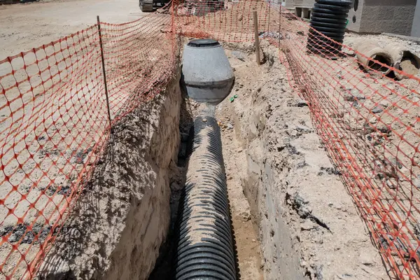 stock image Excavation at a construction site with exposed piping for basic sanitation infrastructure